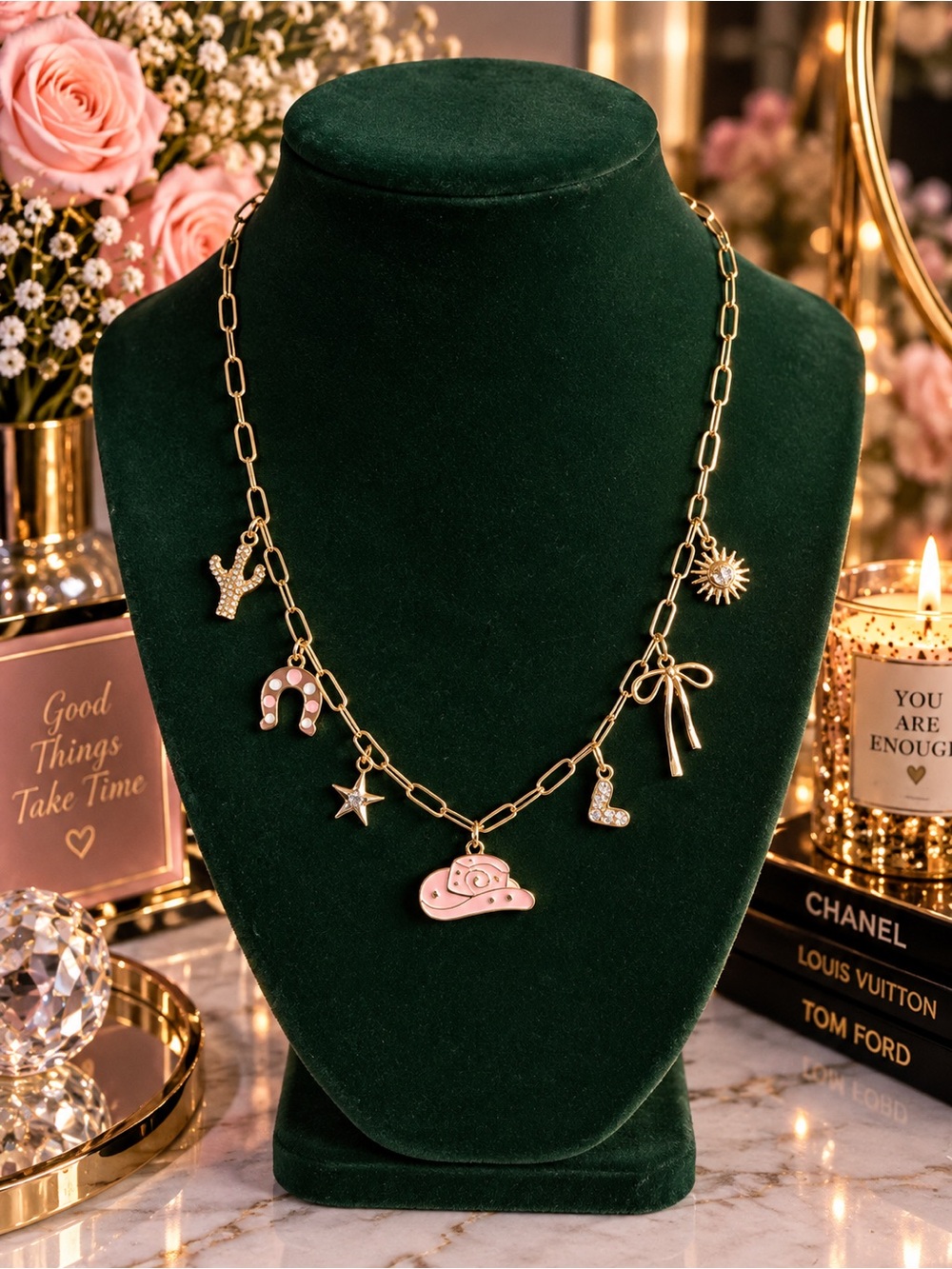 Gold Charm Necklace with Pink Enamel Accents